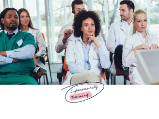 Group of doctors attending a seminar in hospital lecture hall