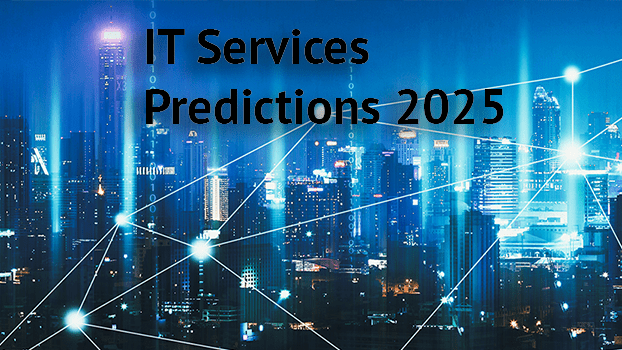 A virtual city skyline - cloud technology is everywhere - the words IT Services Predictions 2025 is layered over the top